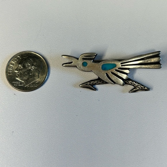 Vintage Unmarked Sterling Silver Native Turquoise Inlay Roadrunner Pin Brooch - Picture 4 of 5